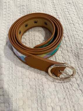 Talbots Women's Brown Leather Trim Madras Plaid Belt Size XL Gold Buckle